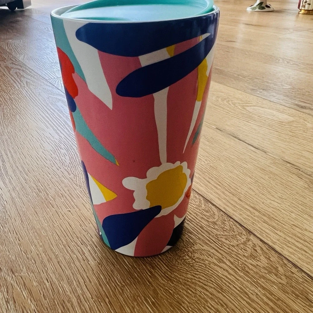 Starbucks Travel Tumbler Abstract Floral Art Pink Teal Navy‎ Modern Pop Art NEW